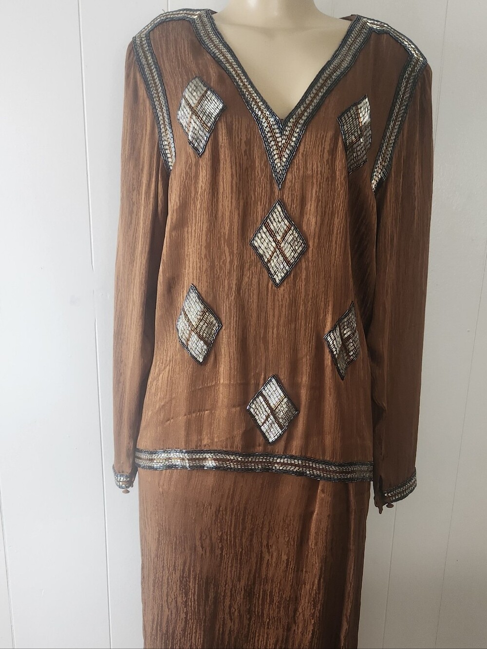 Vintage 100% Silk Francesca Of Damon Two Piece Embelished Brown Skirt Set